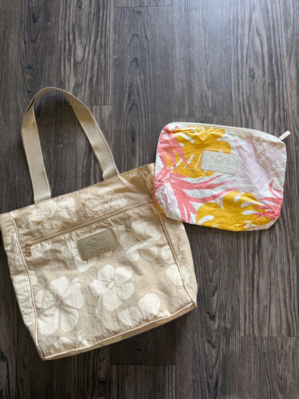 ALOHA Collection Beige Floral Tote with Yellow & Pink Tropical Pouch